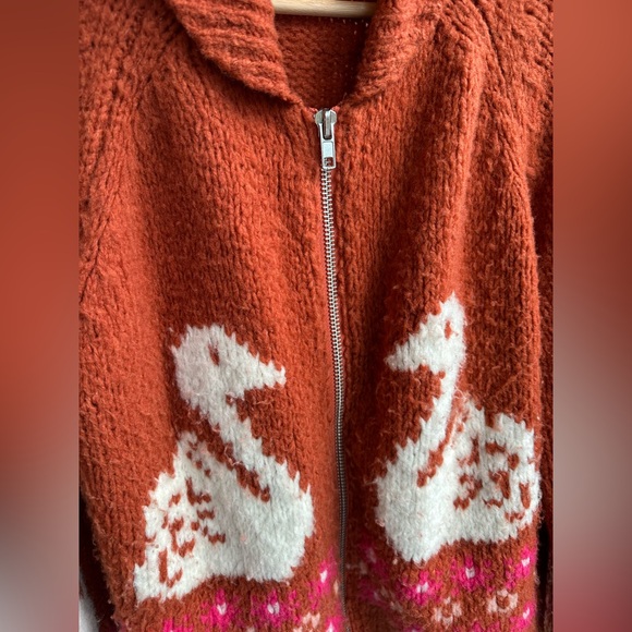 Anthropologie Maeve Rust Orange Knit Cardigan with Swans - Picture 4 of 6